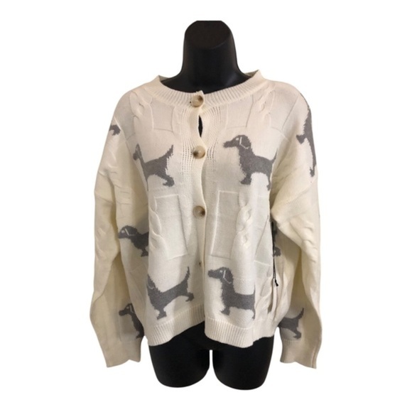 Cream and gray daschound print adorable cardgian sweater size small brand new‎ - Picture 4 of 13